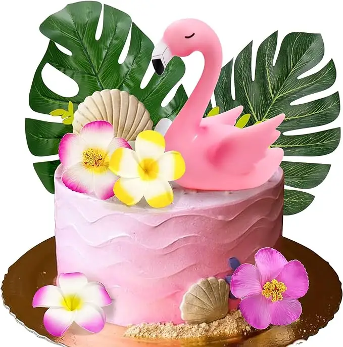 Mity Regen 7pcs Flamingo Cake Toppers Flamingo Palmblätter Hibiskus Blumen Hawaiian Luau Kuchen Dekorationen