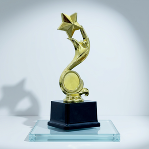 Golden Plastic or Fiber Star Trophy with Engraving <b>Plate</b> on Black Base for Sports and Games Recognition - Product Image 1