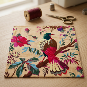 Tissu en velours de coton de luxe : imprimé oiseaux, beige pêche, 45 pouces de large, tissu en velours de coton imprimé à la main, motif floral - Product Image 2