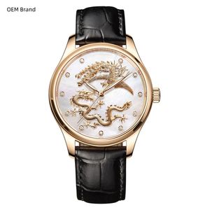 <span class=keywords><strong>Montre</strong></span> mécanique en acier inoxydable avec bracelet en cuir de style chinois, dragon et phénix du zodiaque en nacre, logo personnalisé OEM - Product Image 1