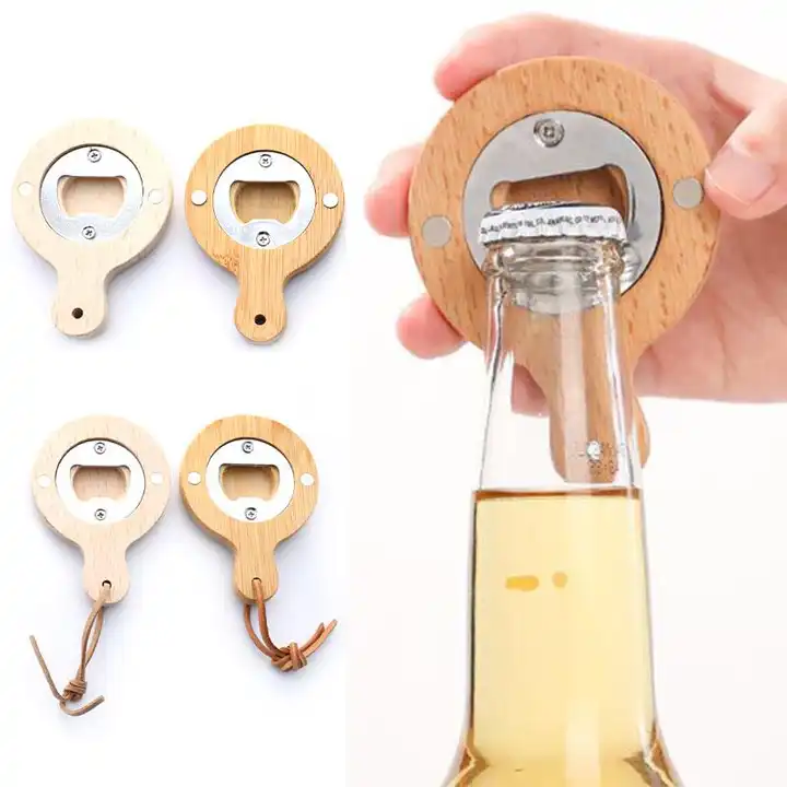 Source Custom logo nickel plating bamboo crafts round shaped bamboo beer bottle  opener with magnet on m.