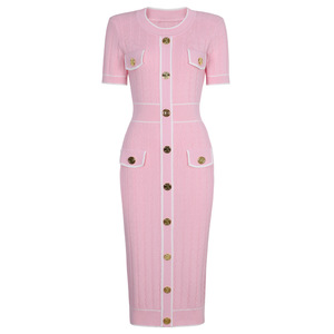 Abiti Casual Eleganti e Classici Aderenti da Donna a Maniche Corte <span class=keywords><strong>con</strong></span> Collo Lavorato a <span class=keywords><strong>Maglia</strong></span>, <span class=keywords><strong>Bottoni</strong></span> <span class=keywords><strong>con</strong></span> Strass e Stampa Antistatica per la Primavera - Product Image 3