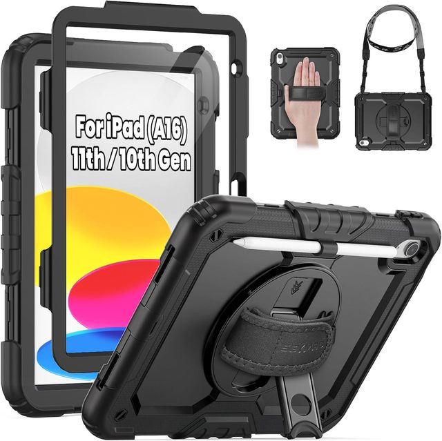 Heavy Duty Shockproof Rugged Cover Case with Rotating Hand Strap & Screen Protector for iPad A16 11inch 2025 10th Gen 10.9inch