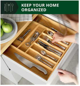 Organizador de cajones de cocina de bambú de lujo WOOD - Organizador de cubiertos, soporte para utensilios, bandeja para cubiertos, divisores de cajones para cubiertos - Product Image 2