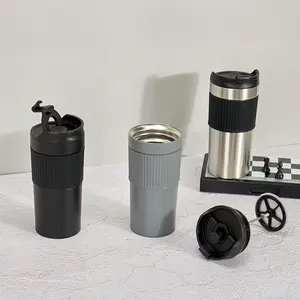 定制12oz双壁304不锈钢粉末涂层法式压榨咖啡杯旅行杯带盖