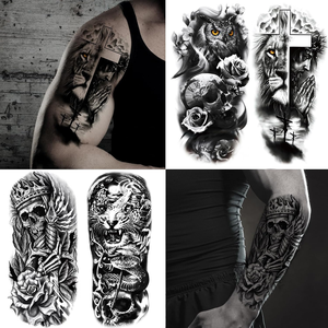 Tatuajes Temporales Sexys de Media Manga <span class=keywords><strong>en</strong></span> 3D, Pegatinas de Halloween con Diseño de León, <span class=keywords><strong>Lobo</strong></span>, Tigre, Calavera y Esqueleto, Aplicación <span class=keywords><strong>en</strong></span> Papel para Cara y Cuerpo - Product Image 3