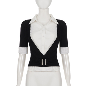 Chemisier Femme Effet Deux Pièces : Gilet Tricoté Noir Superposé à une Chemise Blanche à Col avec Détail Ceinture – Coupe Ajustée, Idéal pour le Bureau ou Tenue Décontractée - Product Image 6