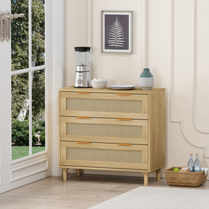 31.50" 3-<b>Drawer</b> Rattan <b>Storage</b> Cabinet Oak Finish <b>For</b> Bedroom Living Room Dining Room Hallways - Product Image 2