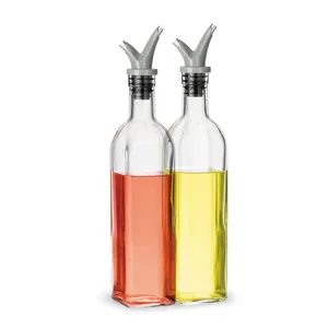 SINO GLASS Square Shape Glass Dual Stainless Steel Spout Olive Oil And Vinegar Cruet Set In 500ml For Kitchen