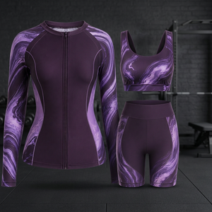 Ensemble de compression BJJ pour femmes, motif marbre, personnalisé, avec rashguard à manches longues, veste zippée, soutien-gorge et short, séchage rapide, pour l'entraînement - Product Image 2
