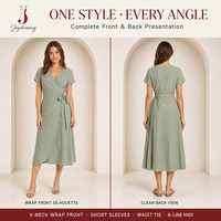 Pabrik Joydressing Gaun Linen Wanita Custom Model Wrap Polos Lengan Pendek Berkerah V Ikat Pinggang Musim Panas Kasual Midi Robe OEM