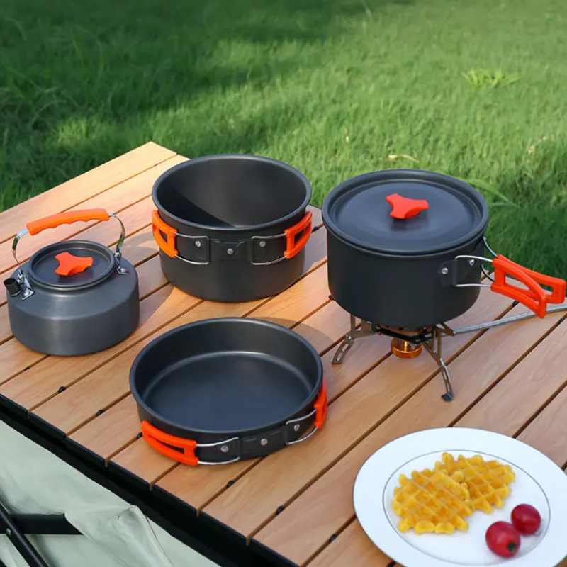 Xách tay không dính Anodized nhôm đi bộ đường dài Cookware Set ngoài trời nấu ăn bánh cắm trại nồi Cookware Set cho ngoài trời