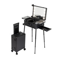 Valise de maquillage professionnelle à roulettes en aluminium, 4 roues, résistante à l'eau, avec miroir LED intégré et pieds pliables cachés, motif rayé tendance