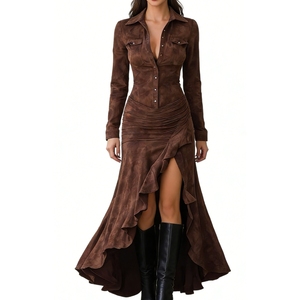 Vestido Camisero para Mujer - Cierre de Botones, Fruncido, Volantes, Corte Asimétrico, Maxi, Ropa de Mujer, Vestidos de Moda - Product Image 1