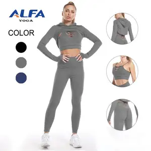 Женский тренировочный комплект Alfa, комплект из 3 предметов, кроп-топ с шапкой и леггинсы для подтяжки ягодиц, спортивный бюстгальтер с перекрестными лямками, комплект одежды для йоги