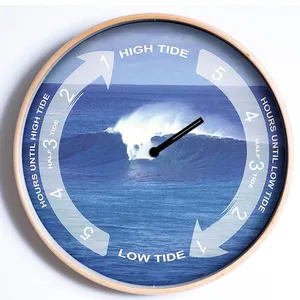 2023 New Sea Beaten Ocean Picture Round Wood Frame Modern Custom Tide Wall Clocks Manufacturer