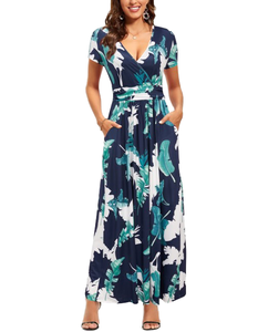 Vestido de Verano con Estampado de Bambú Tropical Hawaiano, Ecológico, con Cuello Redondo, Largo hasta la Rodilla, Estilo Informal para la Playa, de Manga Corta - Product Image 1