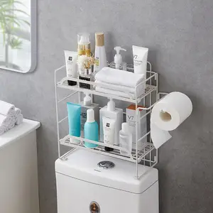 Estante de almacenamiento organizador para el baño, Base adhesiva con gancho colgante y soporte para toallas de papel, sin perforación