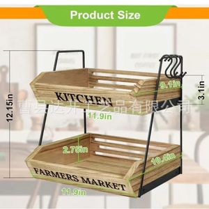 Wooden Double Layer Fruit Storage <b>Basket</b> With Handle Kitchen Vegetable Organizer Rectangle Multifunctional Stackable <b>Tray</b> - Product Image 3