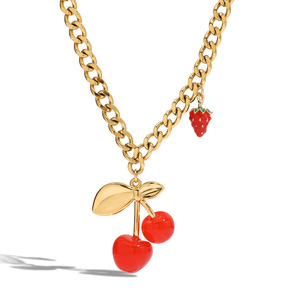 <b>Cherry</b> Pendant Stainless Steel <b>Necklace</b> With Strawberry Charm Fruit Themed Jewelry Gift - Product Image 1