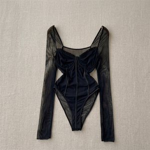 Combinaison sexy vintage pour femme, manches longues, moulante, en dentelle, noire unie, séchage rapide, mi-mollet, respirante, écologique - Product Image 3