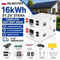 Paket Baterai Lifepo4 Grade A 15kw 16kw 51.2V 314Ah yang Dapat Ditumpuk dengan BMS JK 200A untuk Penyimpanan Energi Surya Rumah Tangga