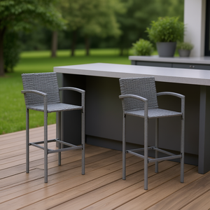 Tabourets de bar gris en rotin PE, structure en acier thermolaqué, design moderne et durable, mobilier de bar - Product Image 2