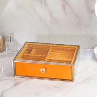 Boîte à bijoux en verre en gros avec tiroir en velours orange, organisateur de rangement pour bijoux à compartiments et bouton en cristal pour la vente au détail