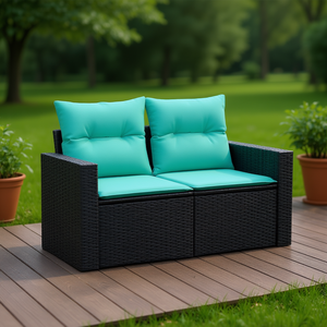 Canapé de jardin en polyrotin noir à deux places avec coussins, pieds réglables, mobilier d'extérieur, design contemporain - Product Image 2