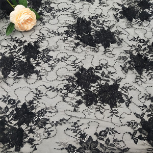 Tela de Encaje Francés Tejida con Lentejuelas Negras en 3D, Encaje Nupcial con Patrón Floral, Textiles de Lujo para el Hogar - Product Image 1