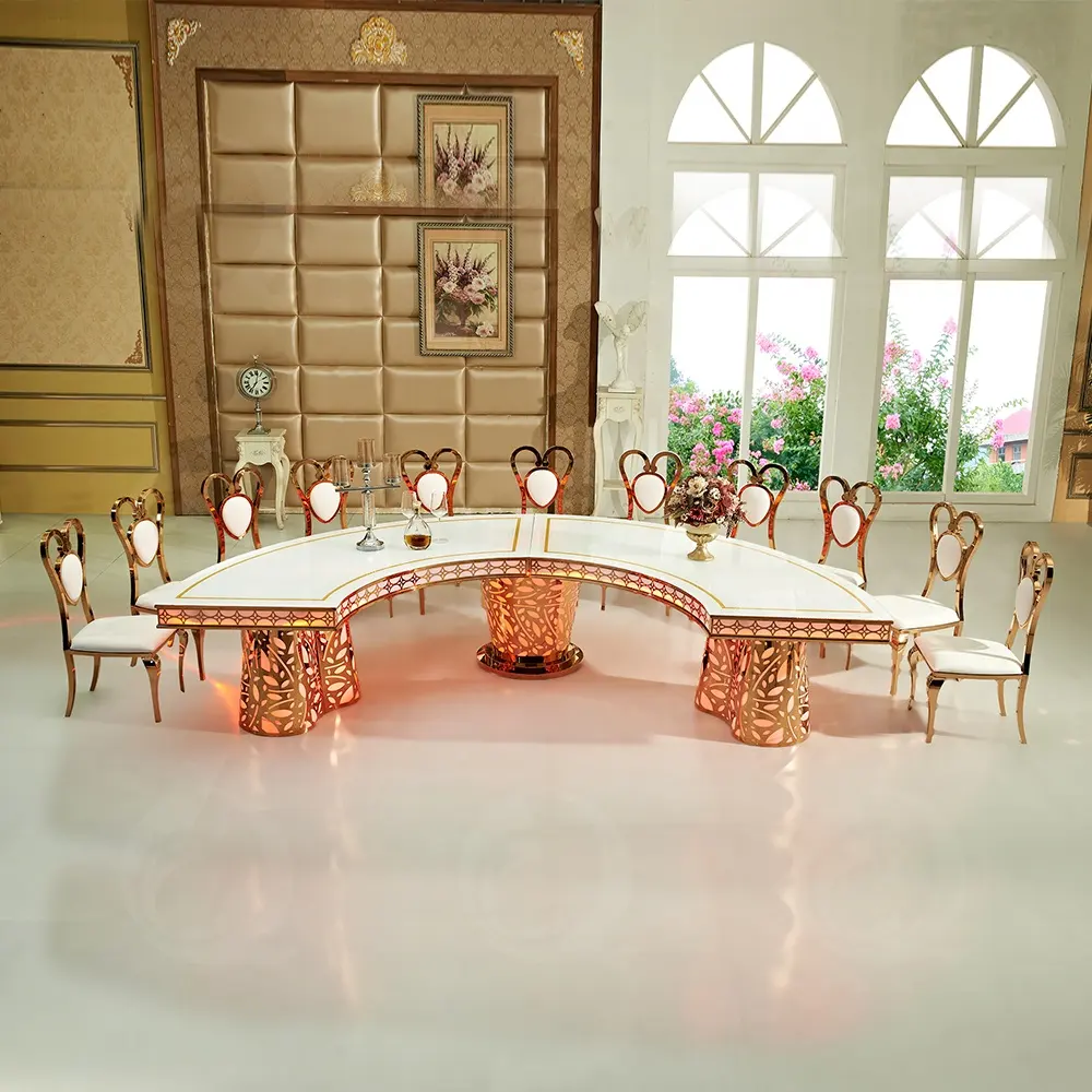modern luxury party tables and chairs furniture half moon gold mirrored decoration cake led ss table stainless steel for wedding