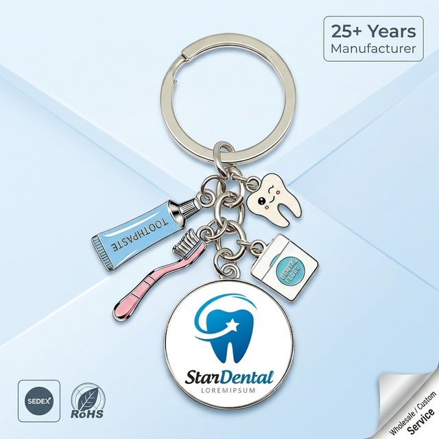 Tooth Shape Keychain WHOLESALE Factory Custom Dental Theme Gift Keychain Dentist Metal Enamel Toothbrush Charms Bulk Supplier