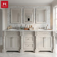 Meuble-lavabo double vasque en bois massif européen Happy Houses, armoire sculptée, colonnes cannelées, plateau en marbre blanc pour villa