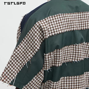 T-shirts pour hommes de haute qualité, personnalisés, vintage, color-block, OEM/ODM, bords bruts, patchwork pied-de-poule, style streetwear - Product Image 4