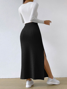 Women's Fashion Casual Half length <b>Skirt</b> Spring/Summer Black Pit Strip A-line High Waist <b>Split</b> Long <b>Skirt</b> - Product Image 5
