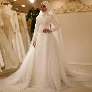 Vestidos árabes de casamento hijab, mangas compridas de renda, corte em linha a com véu, de noiva 2023