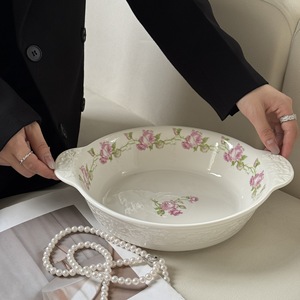 Nouvelle grande plaque de service de Nouvel An, style manoir français, à motifs floraux en relief, compatible micro-ondes, avec double poignée - Product Image 6