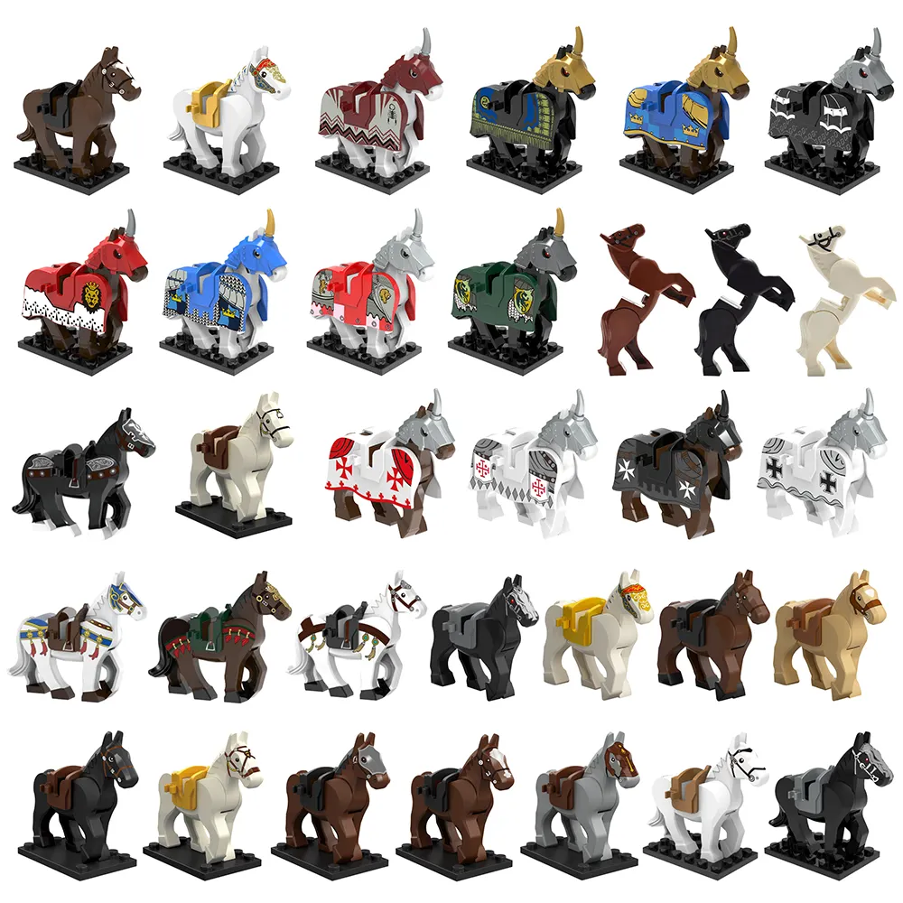 Puzzle Seri Hewan Mainan Blok Bangunan Figur Kompatibel Mini Sadel Kuda Perang Gunung Tentara Abad Pertengahan Militer Kuda Pertanian