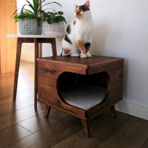 Solid Wood Cat <b>House</b> Square Coffee Brown Multifunctional Pet <b>Bed</b> For Cats Medium Size - Product Image 1