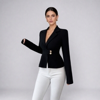 Blazer décontracté pour femme, élégant, uni, col en V, en maille texturée, anti-rétrécissement, avec boutons roses, ceinture à la taille, coupe ajustée, idéal pour le bureau