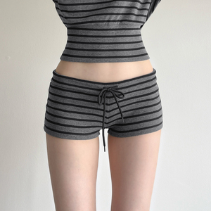 Y2K Women Striped Rib Knit Shorts <b>Drawstring</b> High Waist Skinny Booty Shorts Casual Lounge Homewear Summer Bodycon Shorts - Product Image 2