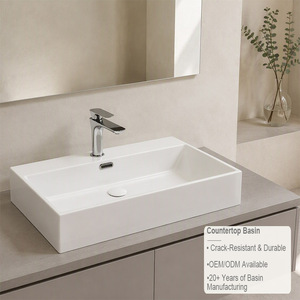 Lavabo de Cerámica Rectangular Grande con Logotipo Personalizado, Acabado Blanco Brillante, para Instalar Sobre Encimera, para Hotel - Product Image 2