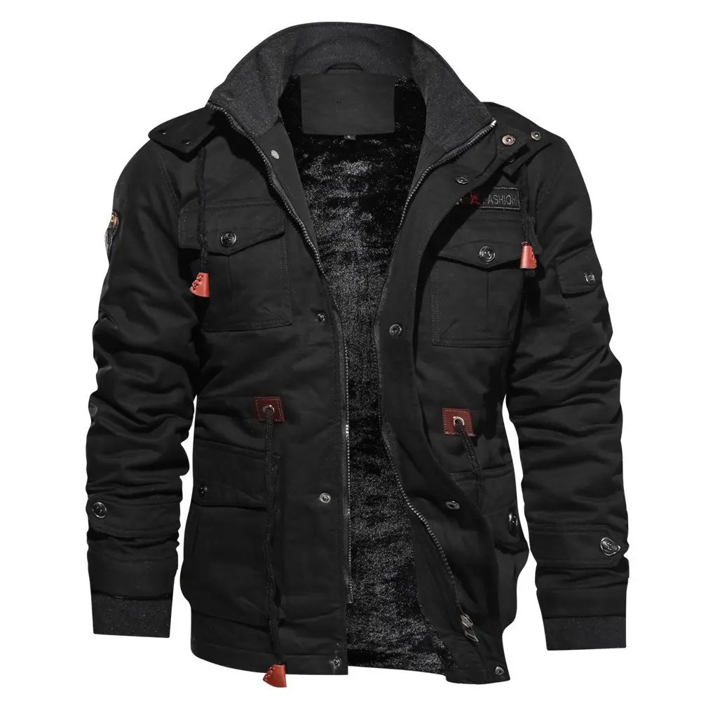 Black Cotton Winter windbreaker jacket for men Outdoor Hiking Army Green Fleece Lined warm men two pocket jacket coat