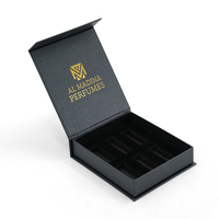 Boîte cadeau rigide magnétique personnalisée pour parfum, boîte grise texturée avec logo en feuille d'or pour les ensembles de mini-parfums arabes Oud Attar
