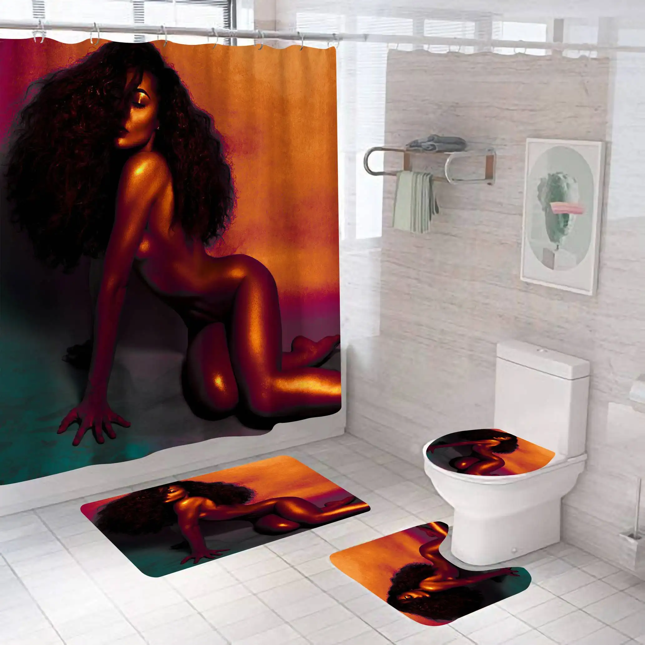 도매 방수 사용자 정의 인쇄 패션 섹시한 블랙 아트 소녀 아프리카 미국 욕실 샤워 커튼 세트 판매