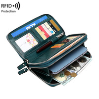 Tas tangan kulit pu wanita, dompet panjang ritsleting ganda, pemegang paspor RFID, lipat tiga