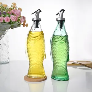 Garrafa de vidro para cozinha com óleo de cozinha de azeite em forma de peixe 350ml 12oz com cortiça