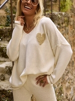 Pull en tricot à col en V pour femme, motif cœur, conception personnalisée OEM ODM