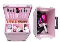 C valise 2 couches pour tous les kit cosmétique avec miroir d'éclairage Salon de coiffure train vanité roulant beauté trousse de maquillage