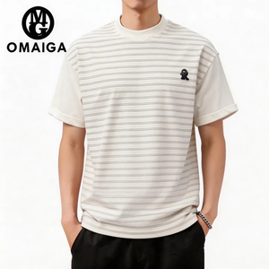 T-Shirt Casual da Uomo a Righe in 100% Cotone Personalizzabile di Alta Qualità con Stampa in Rilievo e Logo Personalizzato sul Davanti, Taglie Grandi - Product Image 1